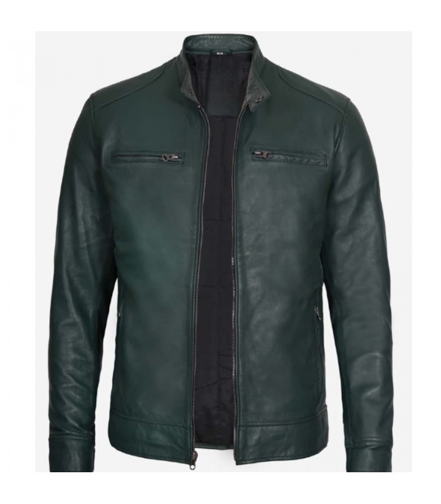 Dodge Mens Dark Green Cafe Racer Leather Jacket